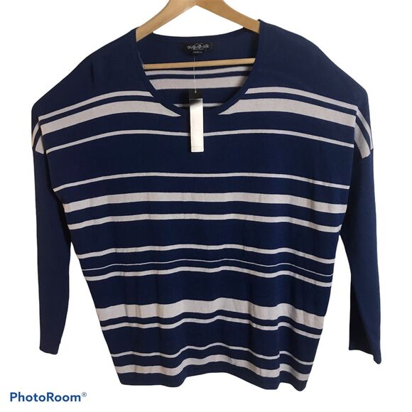 August Silk Sweater Womens XL Lightweight Sweater 3/4 Sleeve Blue Striped NEW - Picture 1 of 5